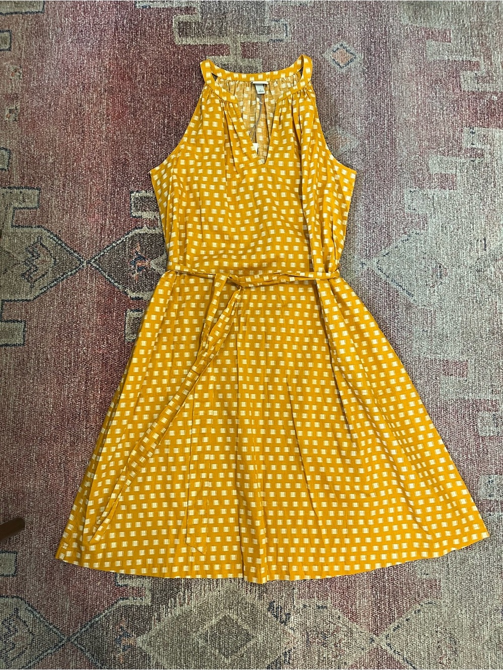 A New Day mustard geometric print cotton Aline belted midi dress size large NWT